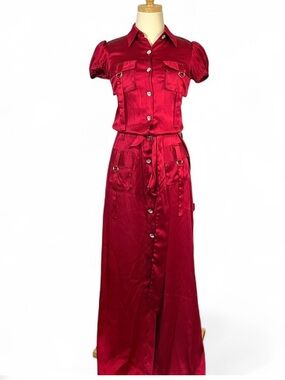Vintage Y2K Kelly Nishimoto Red Satin Button-Front Drop Waist Maxi Dress